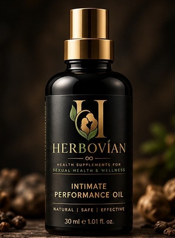 Herbovian Intimate Performance Oil dropper bottle photographed among natural herbs — 30ml herbal oil for power, stamina and confidence